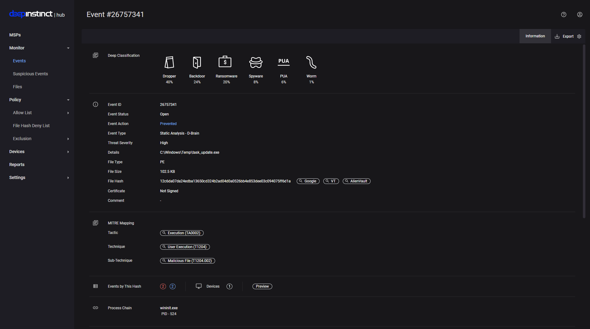 Figure 1: Deep Instinct console showing the prevented event.