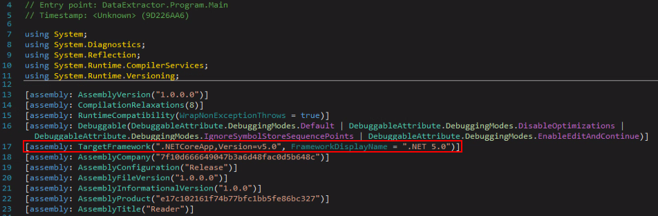 Figure 8: Metadata of new DUCKTAIL binary showing it is a .NET Core 5 binary.