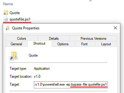 Figure 4 - Shortcut file runs hidden PowerShell script.