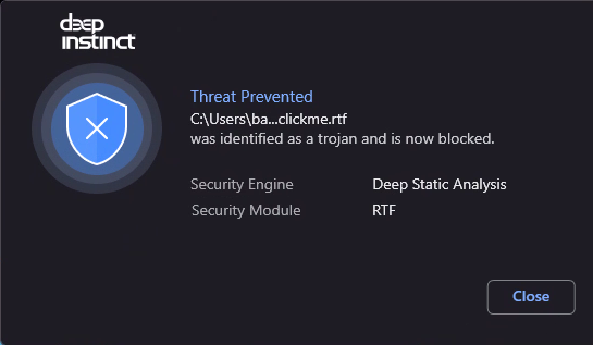 An RTF file that leverages Follina to execute malicious commands is prevented by the Deep Instinct agent before it gets a chance to run. 