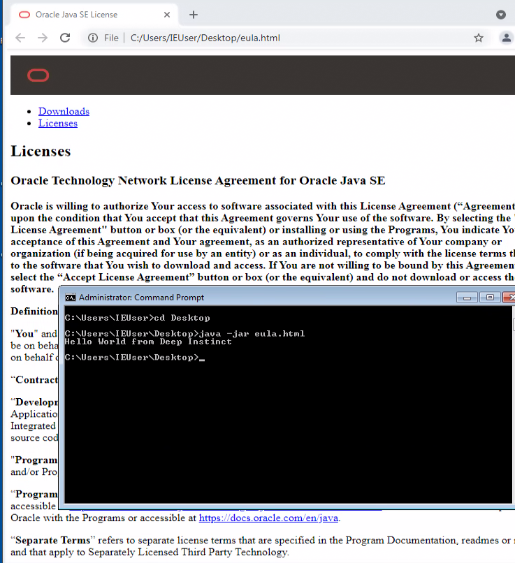 Figure 6: HTML+JAR polyglot with html extension properly rendered in the browser and properly executed by JRE