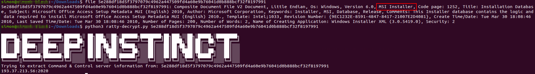 Figure 1: Linux file identifies sample as MSI file