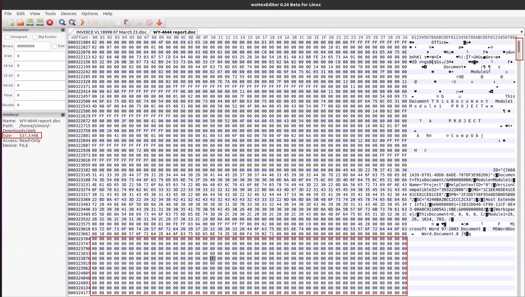 Figure 5: Zero bytes are added to the end of the document.