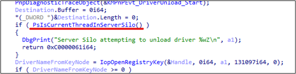 Figure 2: IopUnloadDriver - The kernel denies processes from within a server silo to unload a driver