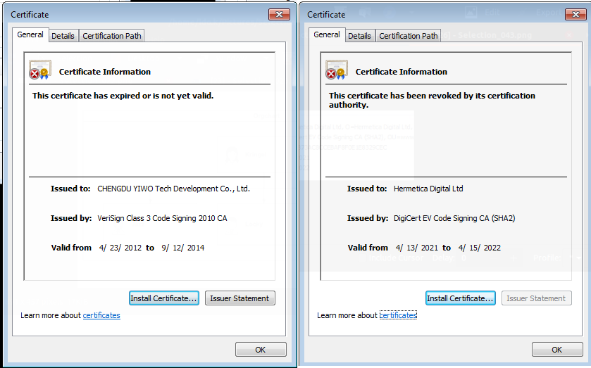 Figure1 – left – EaseUS invalid signed driver; right – HermeticWiper signed certificate 