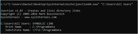 Figure 3: C:\Users\All Users folder points to C:\ProgramData via a symlink