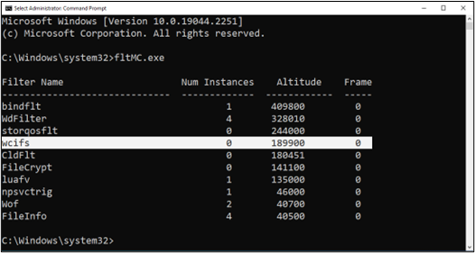 Figure 7: wcifs.sys loaded on a newly installed Windows 10 system