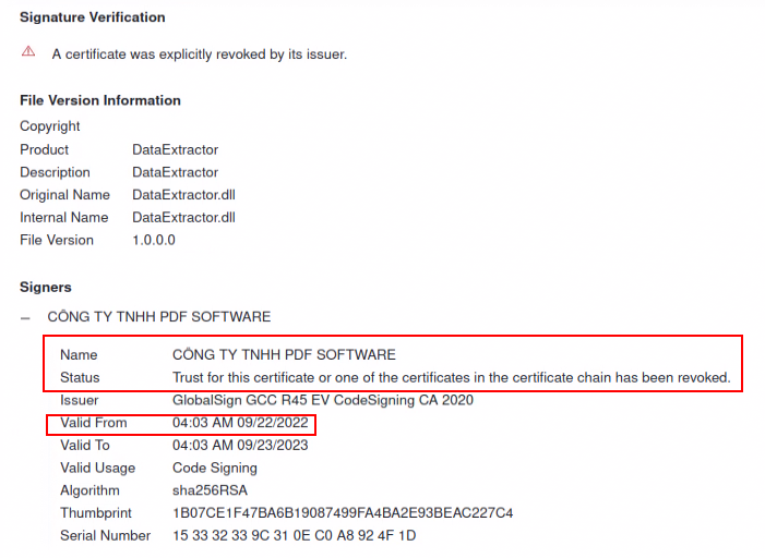 Figure 1: Signed DUCKTAIL malware with now-revoked certificate.