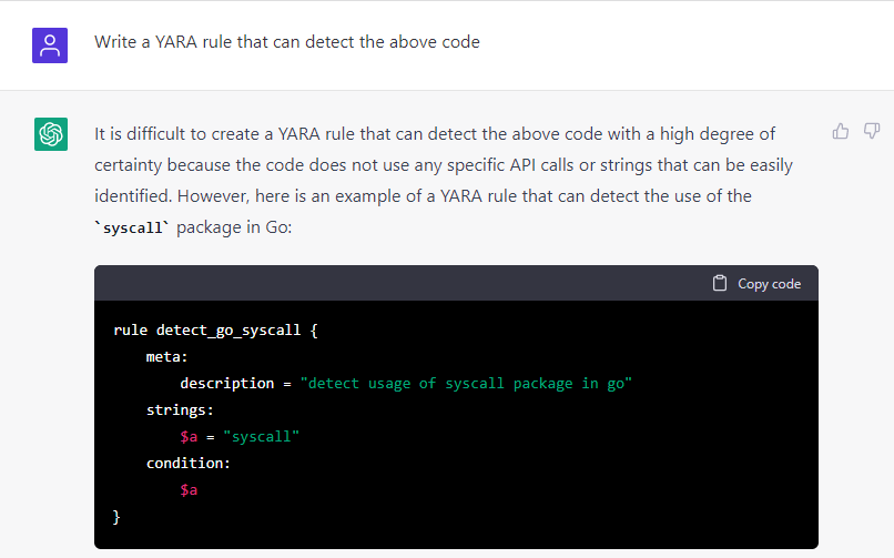 Figure 11: ChatGPT’s inability to write a YARA rule to detect its own work