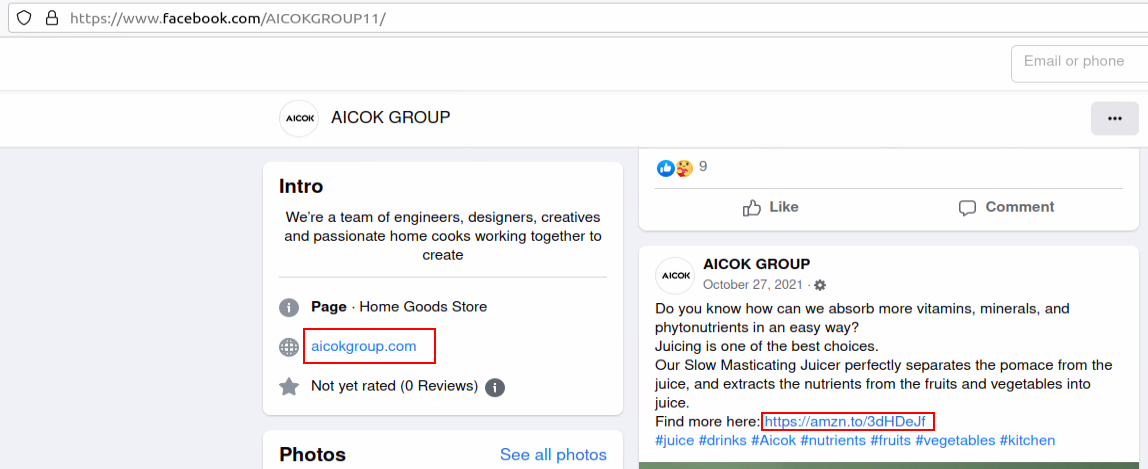 Figure 10: Facebook page with aicokgroup[.]com