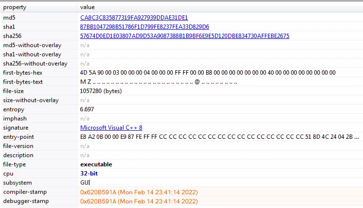 PE information for the second stage malware