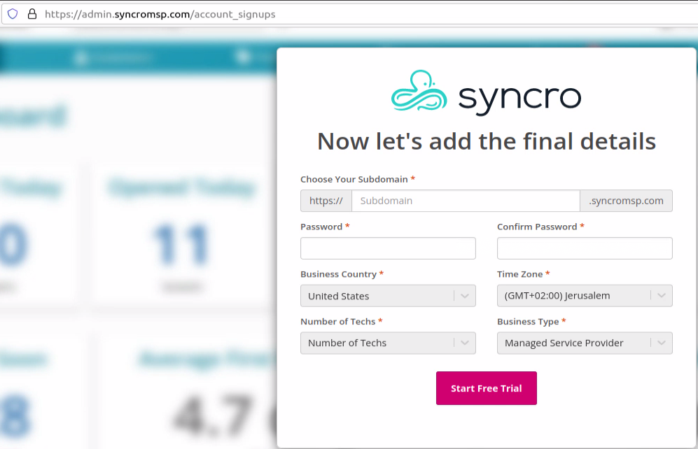 Figure 11: Syncro trial sign-up screen with choice of syncromsp.com subdomain