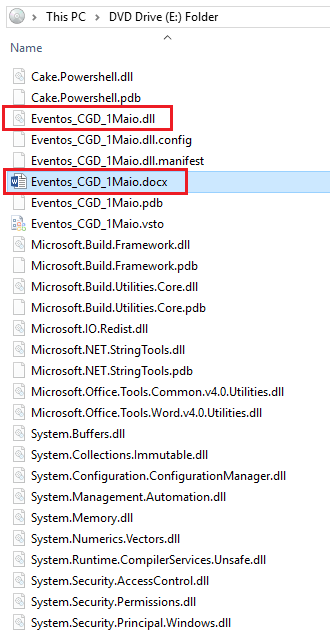 Figure 3 - Malicious .ISO, hidden files shown, mostly dependencies, highlighted - Word document and VSTO 