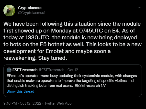 Figure 2: Observed initial Emotet activity after vacation (Source: Twitter†)