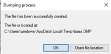 LSASS dumping file located in TEMP folder