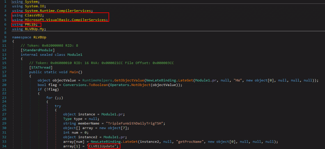 Figure 8: RLVBUp code that is using external ClassVB2 component and PRLib