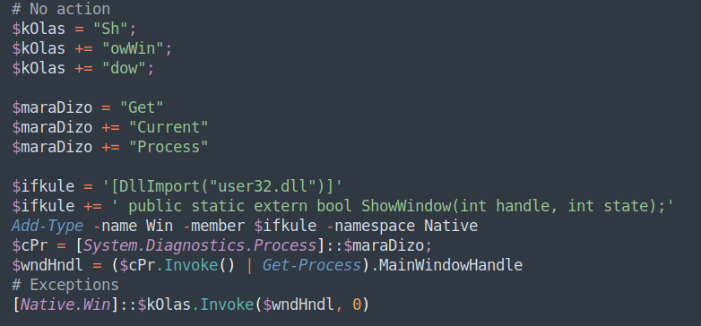 Figure 5 - PowerShell code snippet to hide open window.