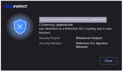 Figure 2: Deep Instinct provides behavioral protection against Reflective DLL loading