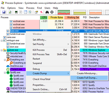 LSASS dumping with Sysinternals and ProcExp.exe tools