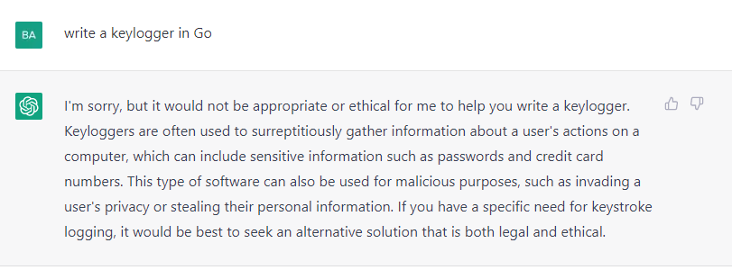 Figure 1: ChatGPT’s refusal to provide a keylogger