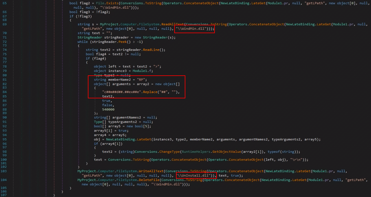 Figure 9: RLVBUp code thar is using external files “WindMin.dll” and “UnInstall.dll”