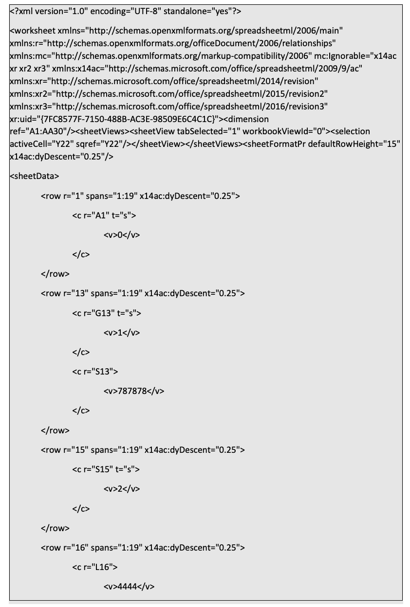 「xl/worksheets/sheetName.xml」ファイルの例